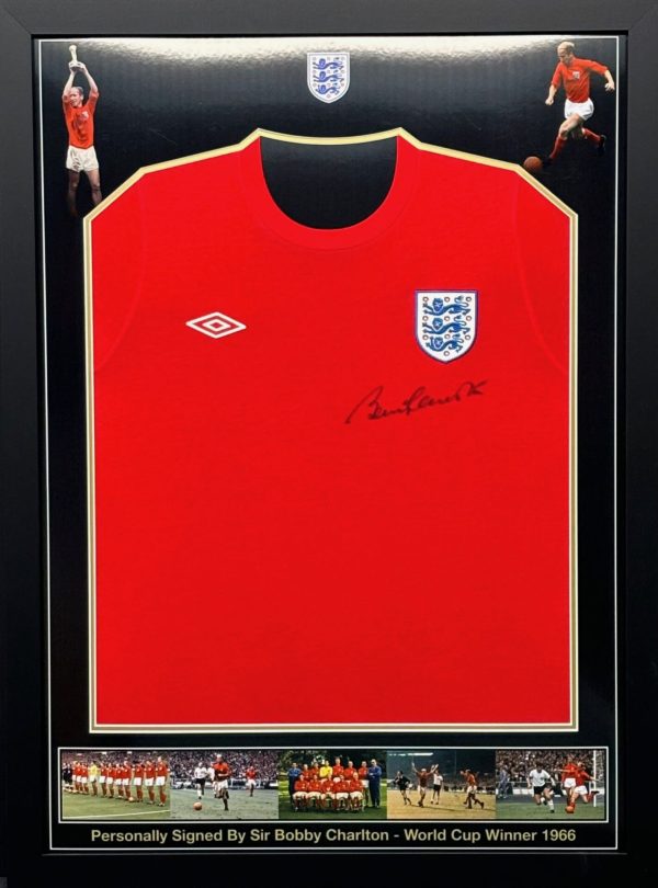 England shirt signed by Sir Bobby Charlton  , Professionally framed