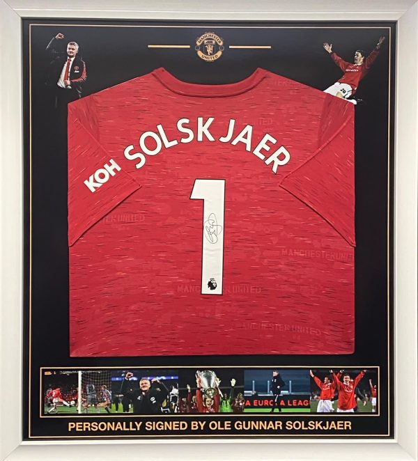 Man Utd Framed Shirt Montage of Celebrations Of Management champions league final 1999 Signed by ole Gunnar solskjaer MFM Sports Memorabilia Football Boxing Cricket Sporting Memorabilia