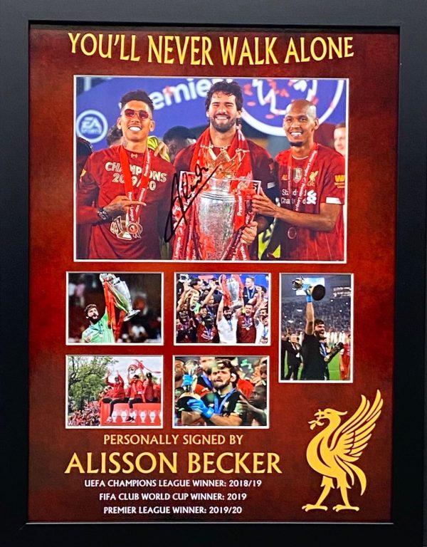 Liverpool Montage Celebrations of League and Cup wins signed by Allison Becker , Goalkeeper ,  framed